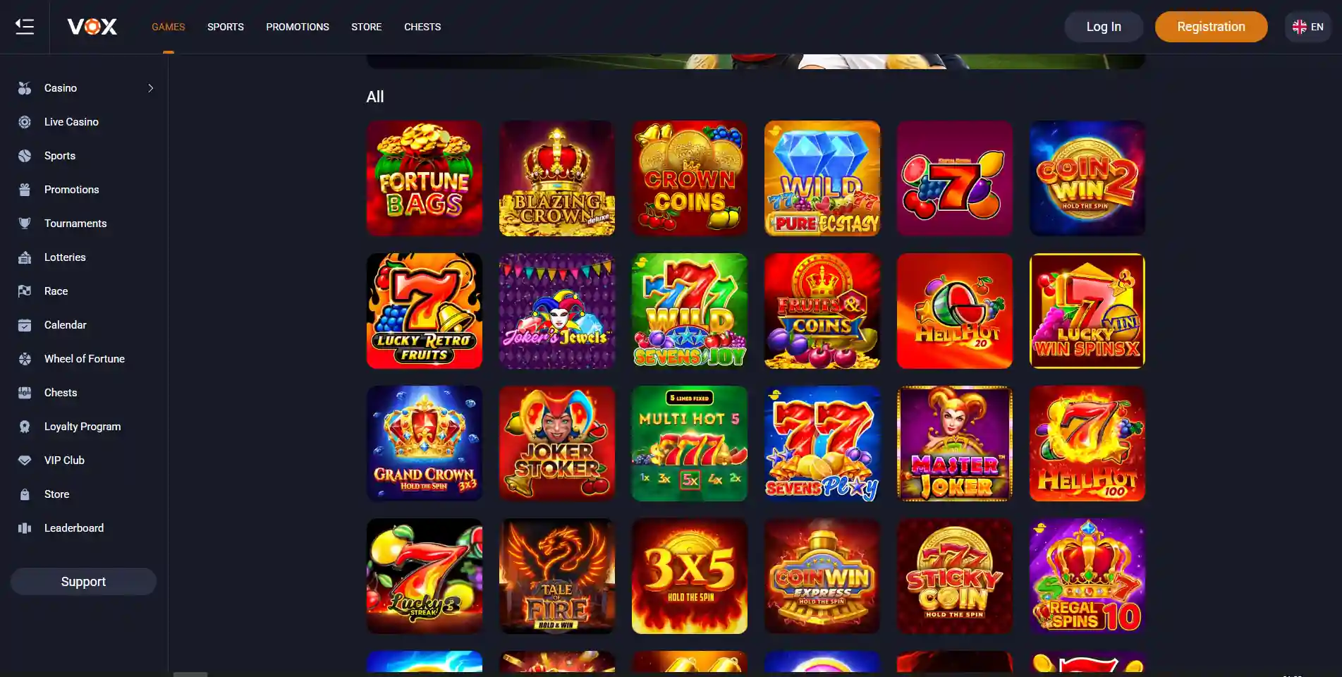 Official VOX Casino games lobby with its main catalogue categories