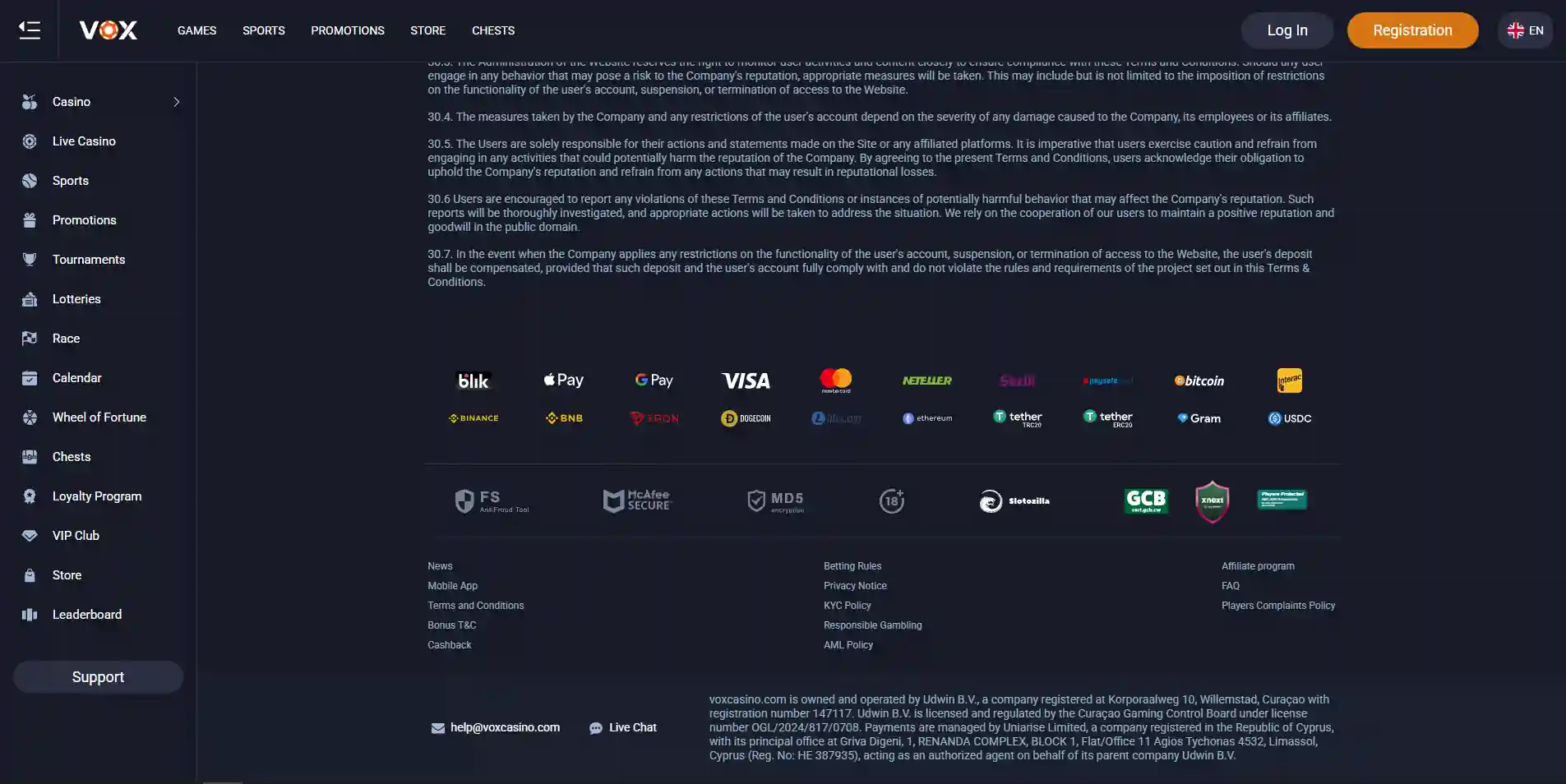 VOX Casino terms area showing operator and Curaçao licence details