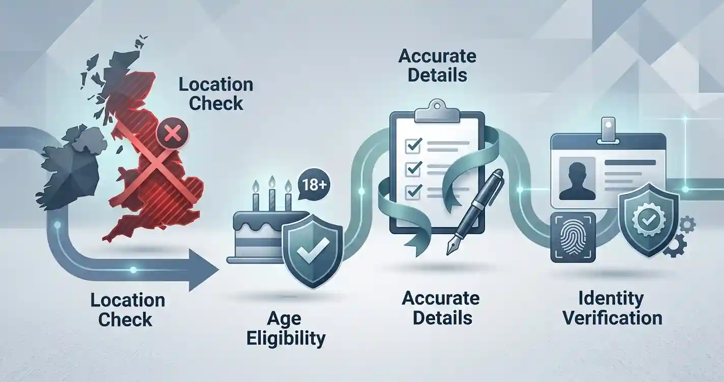 Neutral account eligibility flow showing location, age, accurate details and verification checks