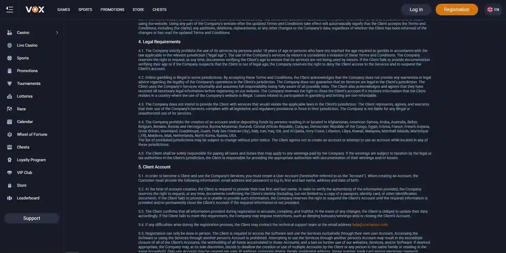 Official VOX Casino Terms clause listing Great Britain as a restricted jurisdiction